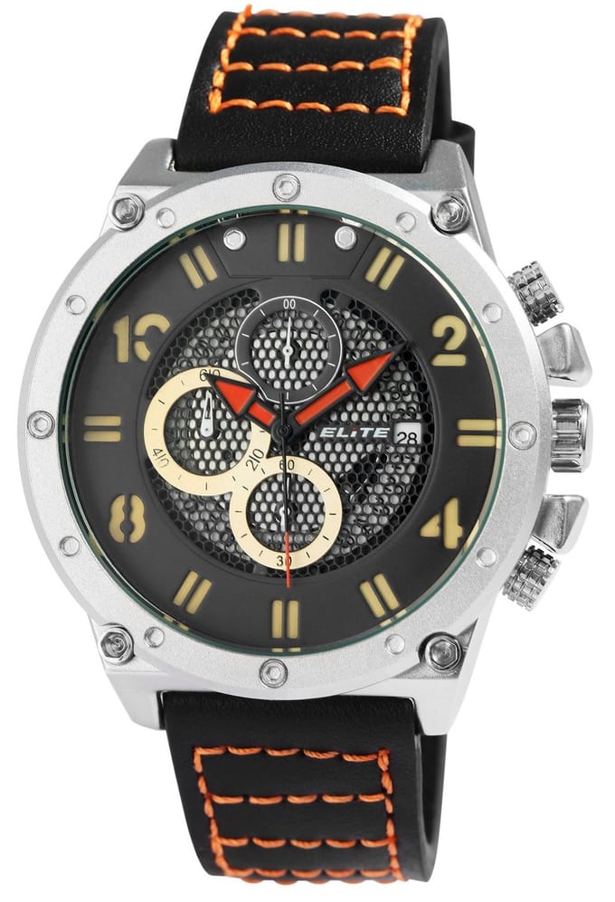 Elite Herenhorloge echt leer zilverkleurig, datumaanduiding