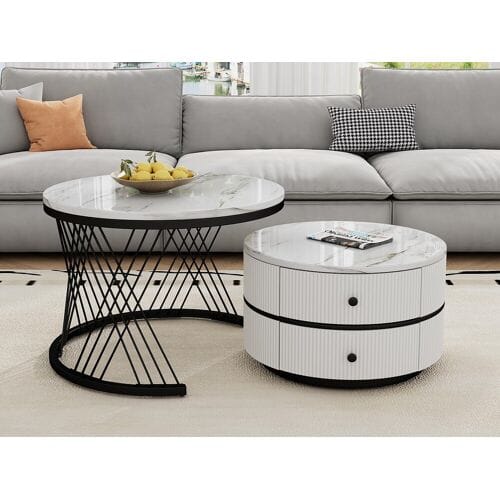 ModernLuxe Set van 2 bijzettafels - 2 lades - blad met marmerpatroon - Wit en zwart