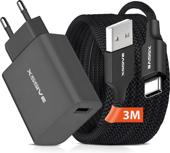 Quick Charge Set met Lange 3 Meter USB A naar USB-C Kabel - Oplader Telefoon, Tablet en Draadloze Oortjes