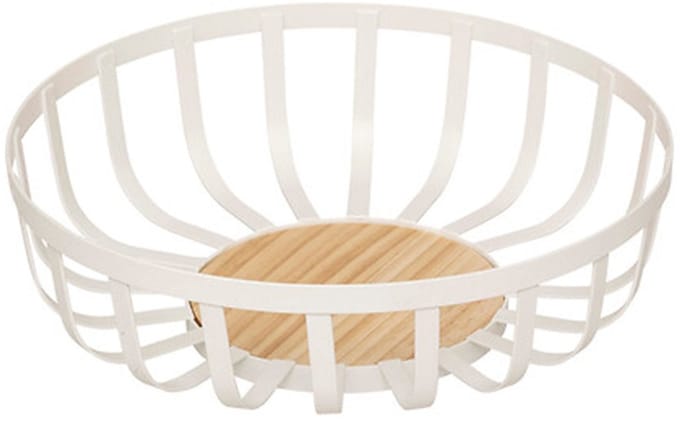 5Five Fruitschaal / Fruitmand Zaragossa - metaal/hout - D28 x H9 cm - wit - rond