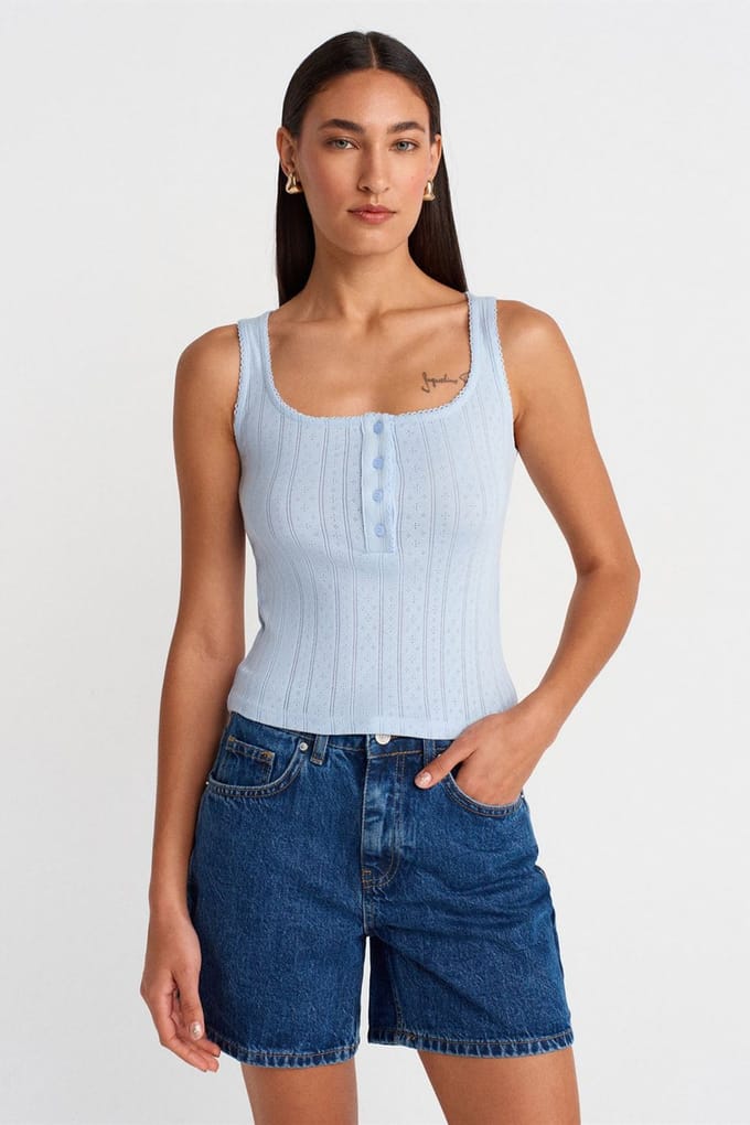 Slim Fit Ribbel Katoenen Blouse met Vierkante Hals