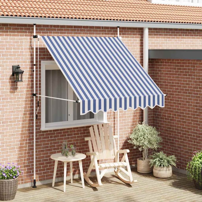 vidaXL - Luifel - handmatig - uittrekbaar - 200 - cm - blauw - en - witte - strepen