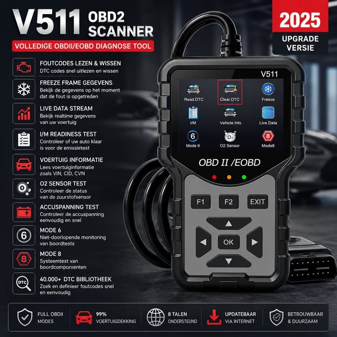 OBD2 Scanner – Auto Diagnoseapparaat – Foutcodes Lezen & Wissen – Check Engine Reset – Live Data – Smog Test (I/M Readiness) – Accuspanning Test – OBDII/EOBD
