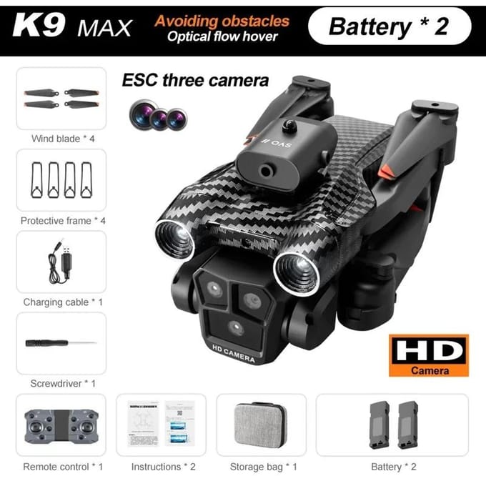 K9Max Rc Drone Professioneel 8K Drie-camera ESC Groothoek Optische stroom Positionering Vierweg Obstakel vermijden Quadcopter Speelgoed Geschenk 4k 2 battery