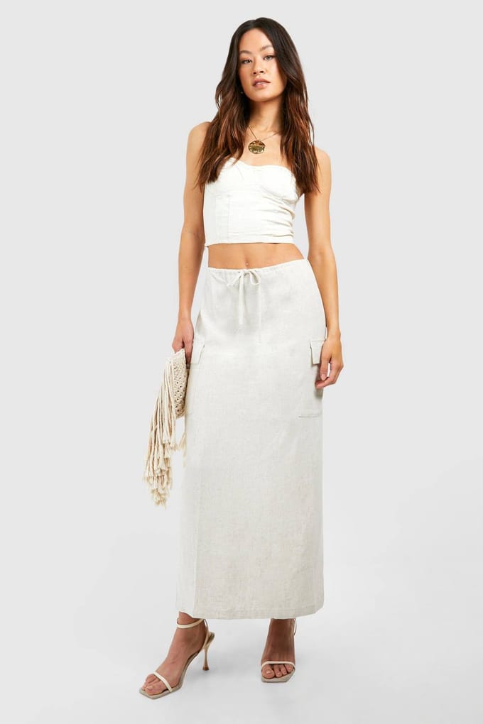 boohoo Dames Hoge Linnenlook Pocket Midaxi-rok | Steen | Maat: 36