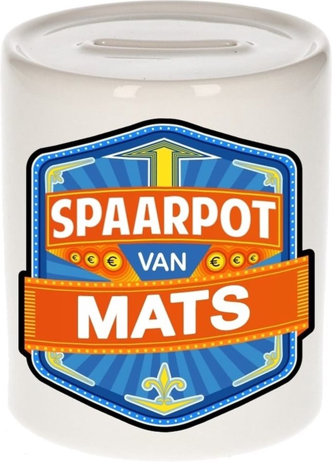 Bellatio Decorations Kinder spaarpot met naam - Mats - keramiek - met dop - wit - Sparen - Spaargeld van Mats