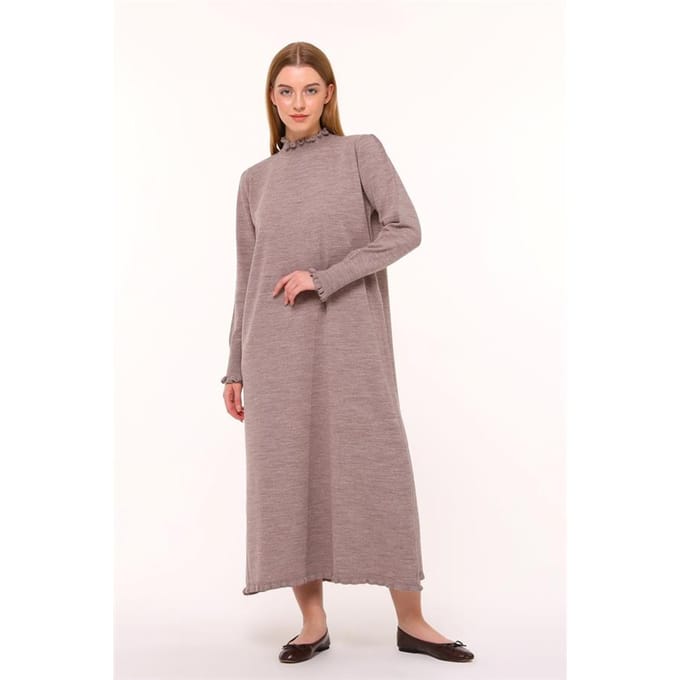 Dames Ruche Detailed Lang Gebreid Jurk