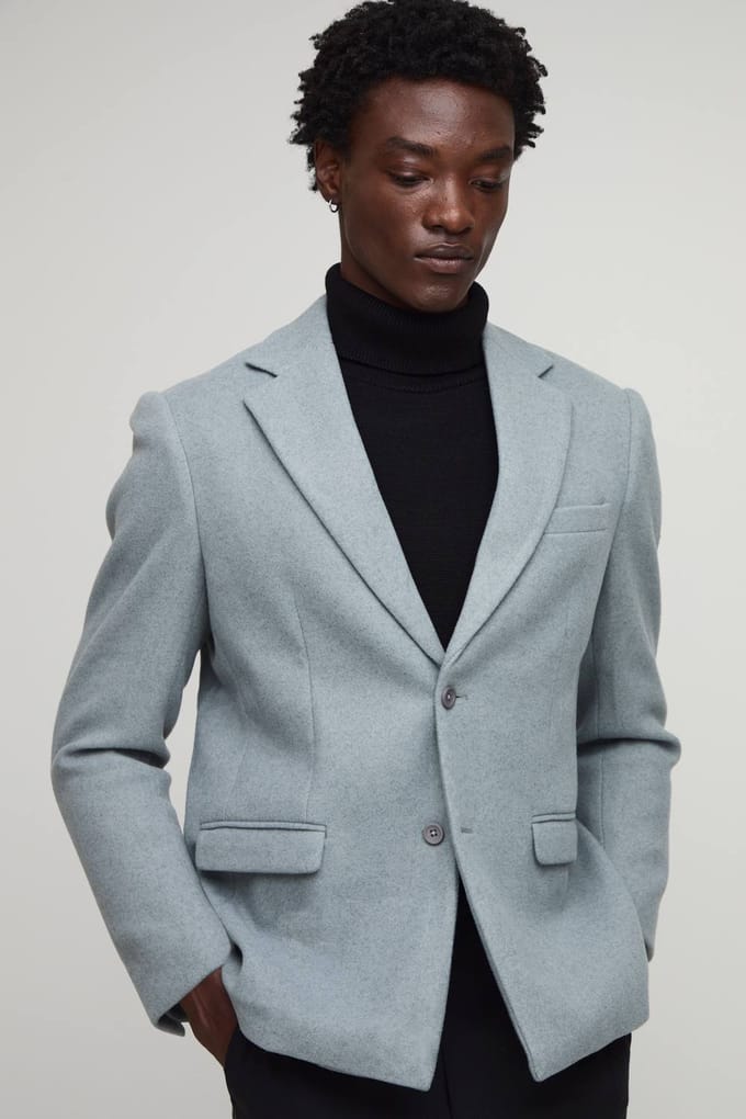 Relaxed Fit Melton Single Breasted Blazer | Grey | Size 46