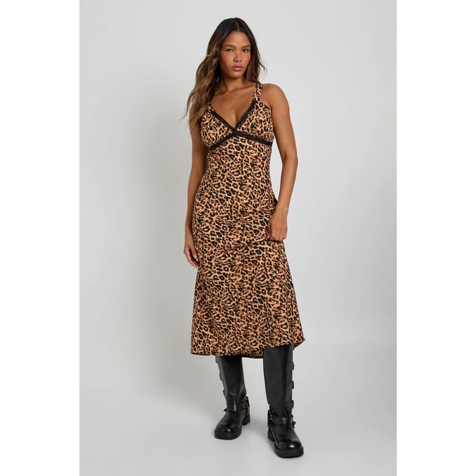 boohoo Dames Leopard V-hals slipjurk met kantafwerking midaxi | Maat: 8