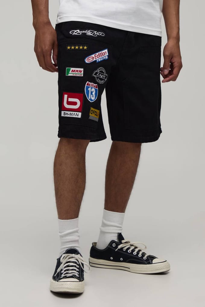 Denim Carpenter Shorts Met Meerdere Badges | True Black | Size 40R