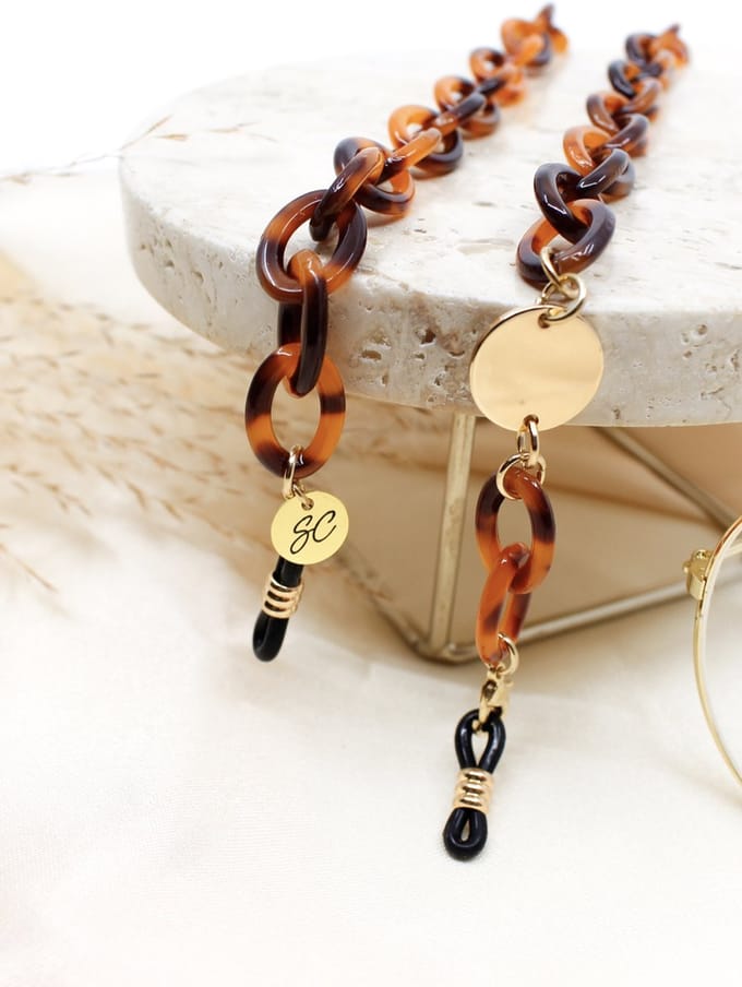 Brillenkoord - Acetaat bruin met gouden bedel brilkoord - Sunny Cords