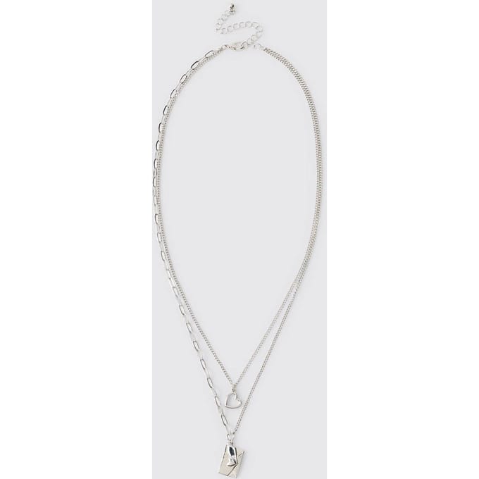 Double-Layer Silver Necklace with Envelope & Heart Charm