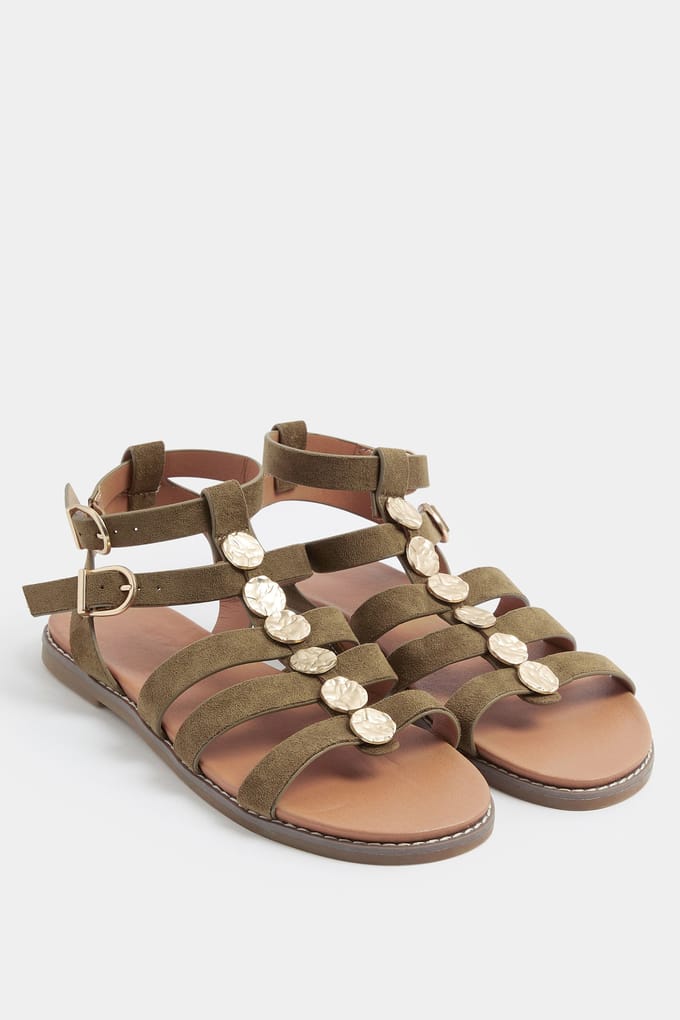 Yours Khakigroene Gladiatorsandalen Met Gehamerde Schijfjes In Brede Epasvormsize 41E