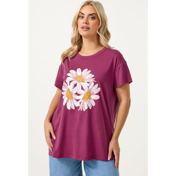 Yours Roze Tshirt Met Studs En Madeliefjes Size 50-52