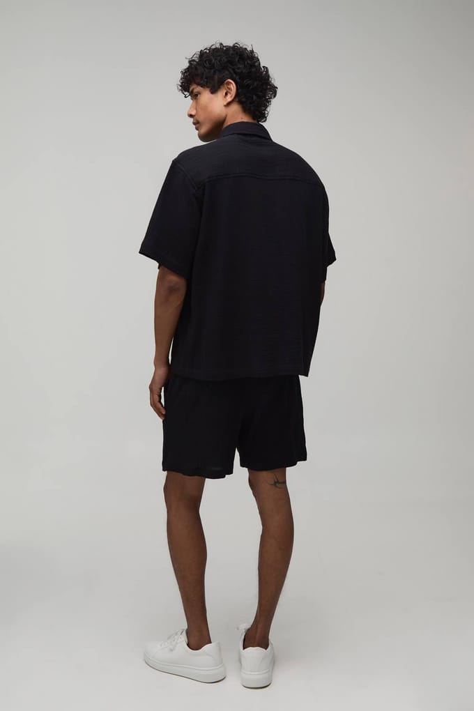Katoenen Gaas Oversized Shirt & Baggy Short Set | Black | Size Medium