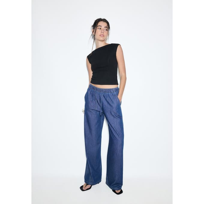 Stradivarius Soepele denim broek met koord  VERBLEEKTE DENIM WASSING M