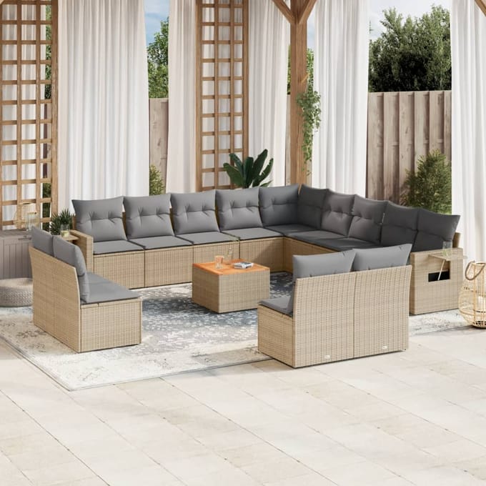 vidaXL - 14-delige - Loungeset - met - kussens - poly - rattan - beige