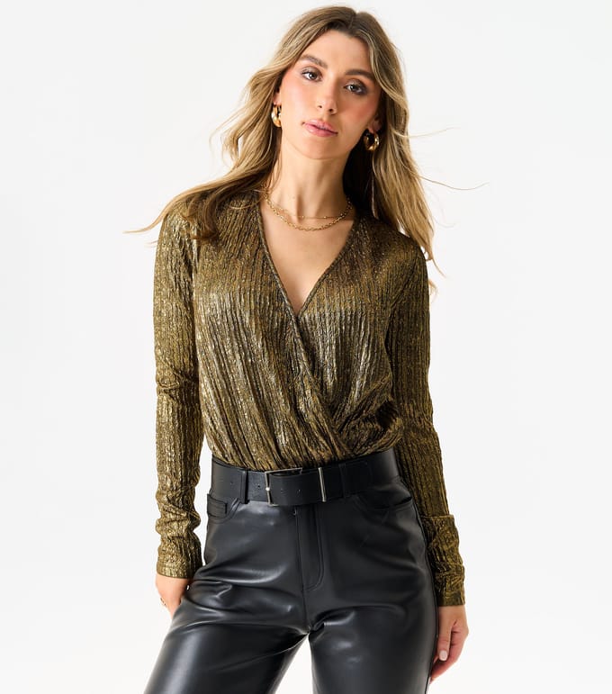 Gold Metallic Plisse Wrap Front Bodysuit