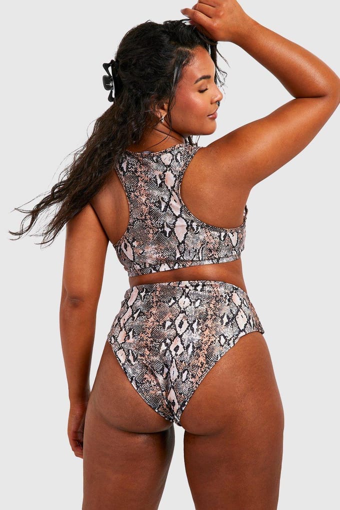 boohoo Dames Plus Essentials Snake Print High Waist Bikini Slip | Bruin | Maat: 56