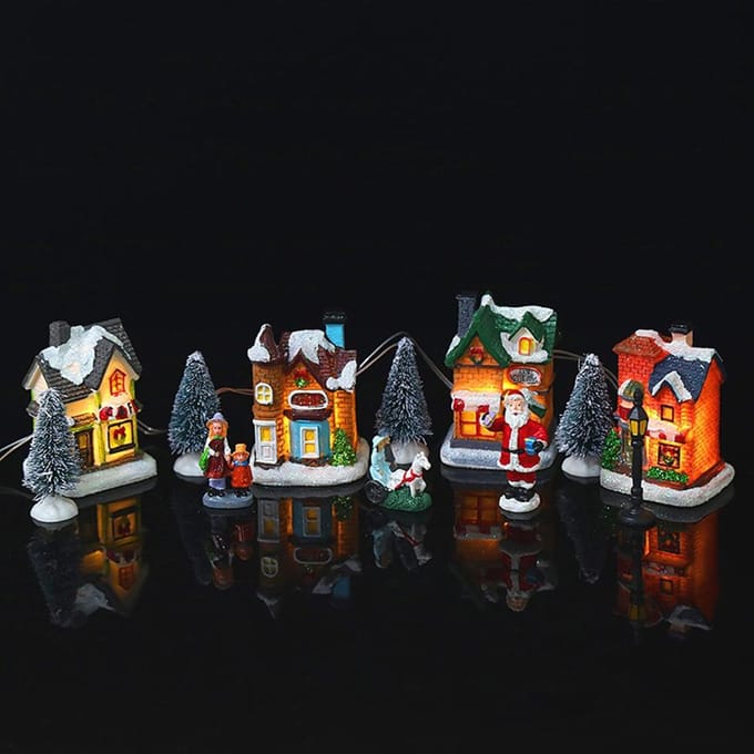 Kerstdorp Set Hars Kerstscène Dorp LED Verlichte Miniatuur Huizen Stad Kerst black