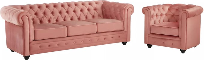 Vente-unique Driezitsbank en fauteuil CHESTERFIELD - velours - pastelroze