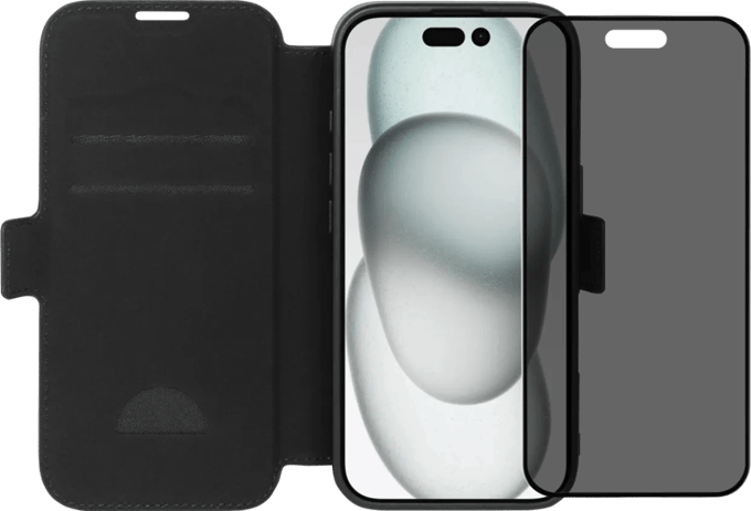 BlueBuilt Apple iPhone 16 Book Case Leer Zwart + Privacy Filter Screenprotector Glas
