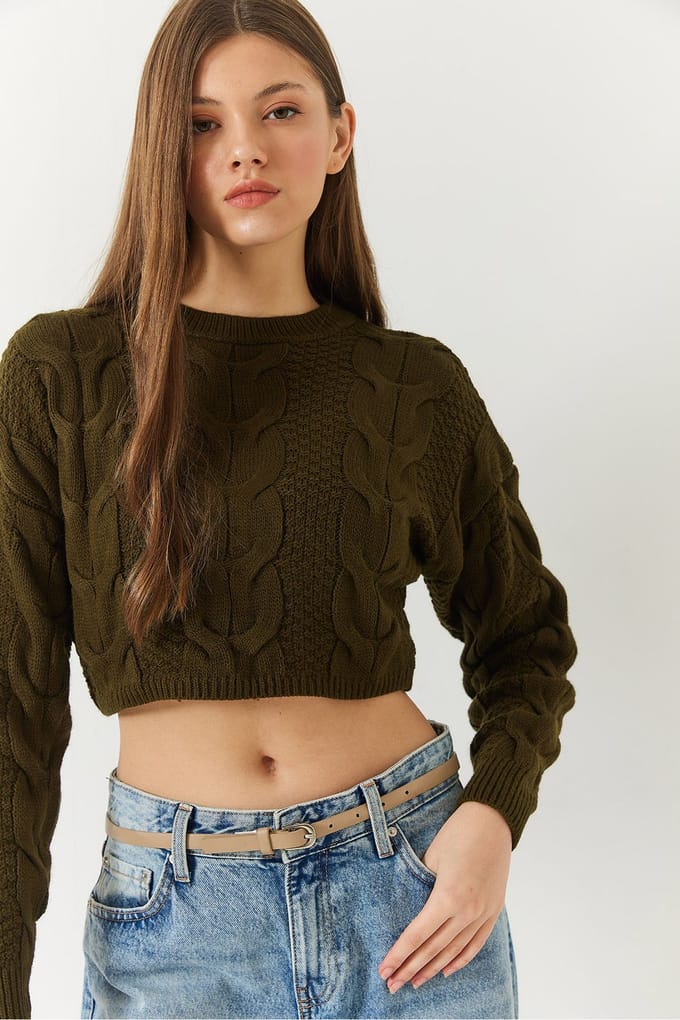 Geribde Gebreide Crop Sweater met Ronde Hals