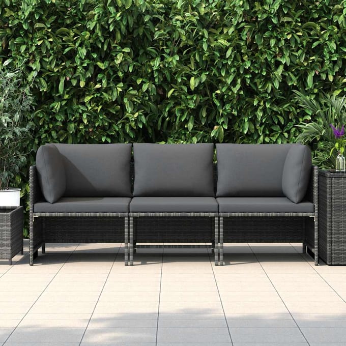 vidaXL - Tuinbank - 3-zits - met - kussens - poly - rattan - grijs