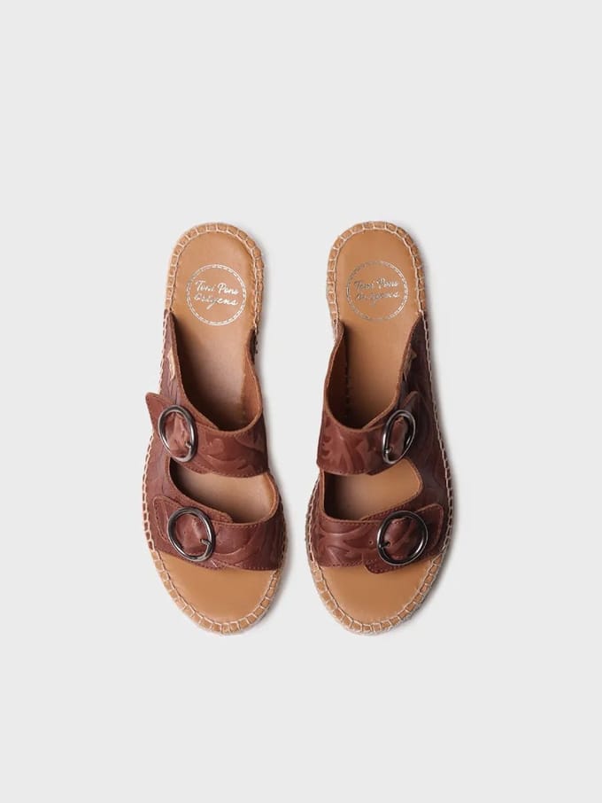 Dames espadrille zonder achterkant van leer met jute sleehak | IDOIA