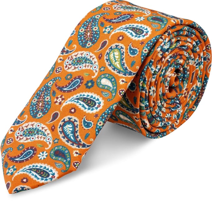 Virtuo | 6 cm Mandarijnkleurige zijden stropdas met paisleymotief
