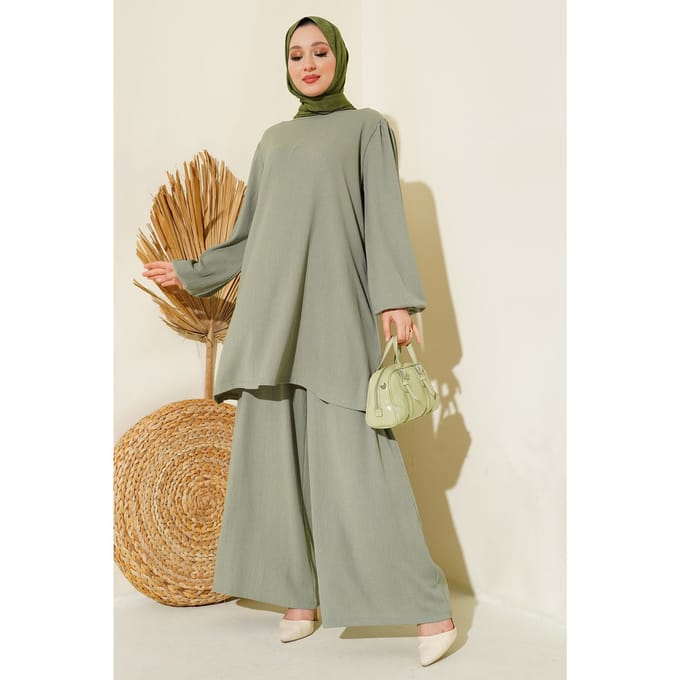 Getextureerde Langemouwen Tuniek en Wijdpantalon Set