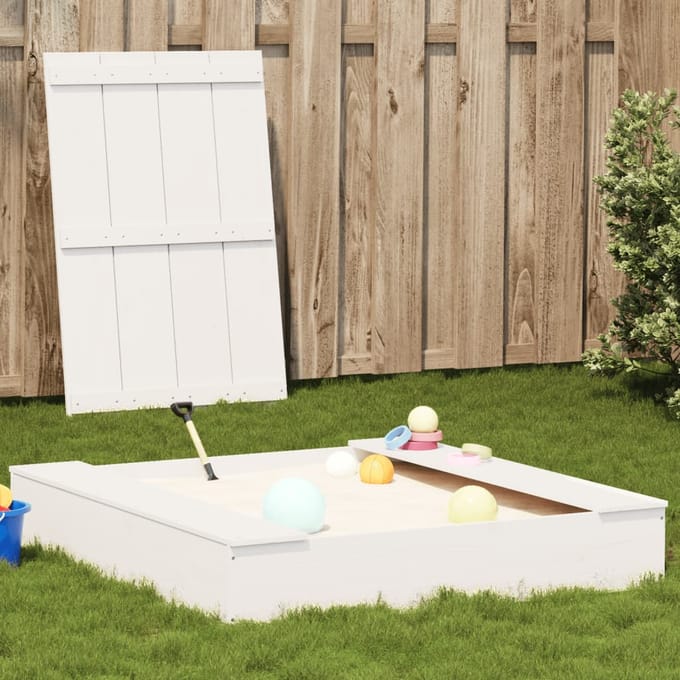vidaXL Zandbak met deksel 111x111x19,5 cm massief grenenhout wit