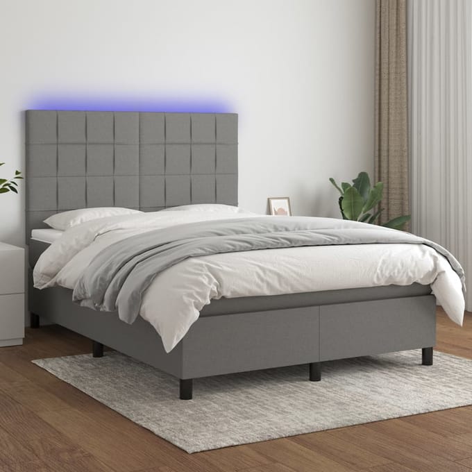 vidaXL - Boxspring - met - matras - en - LED - stof - donkergrijs - 140x200 - cm