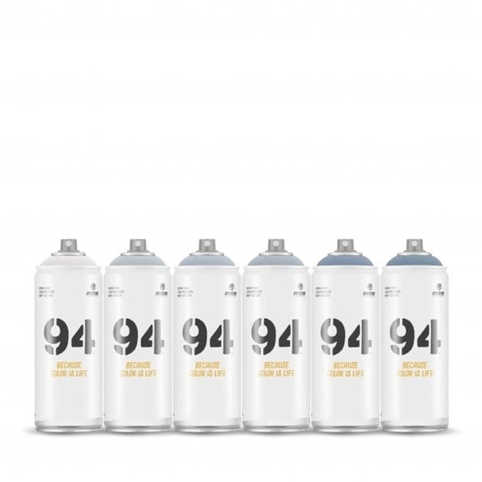 MTN94 spuitbussen pakket - 6x Koude grijstinten - Lage druk, matte afwerking graffiti spuitverf - 400ml