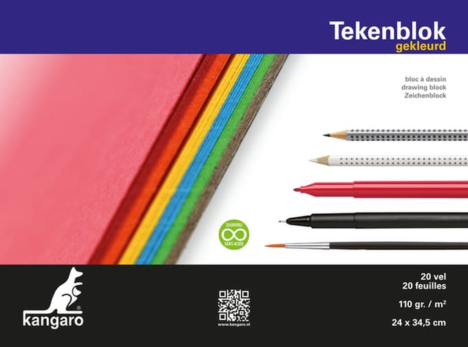 Kangaro tekenblok - A4+ - 110 grams gekleurd papier - 20 vel