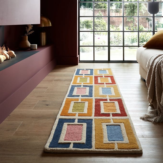 Flycarpets Loper - Retro Vloerkleed Geblokt - Handgetuft Gekleurd - Multi 60 x 230 cm