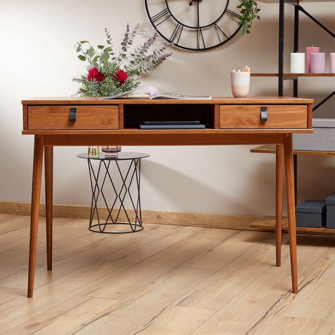 Bureau KIM met 2 lades van massief hout - kastanjekleurig