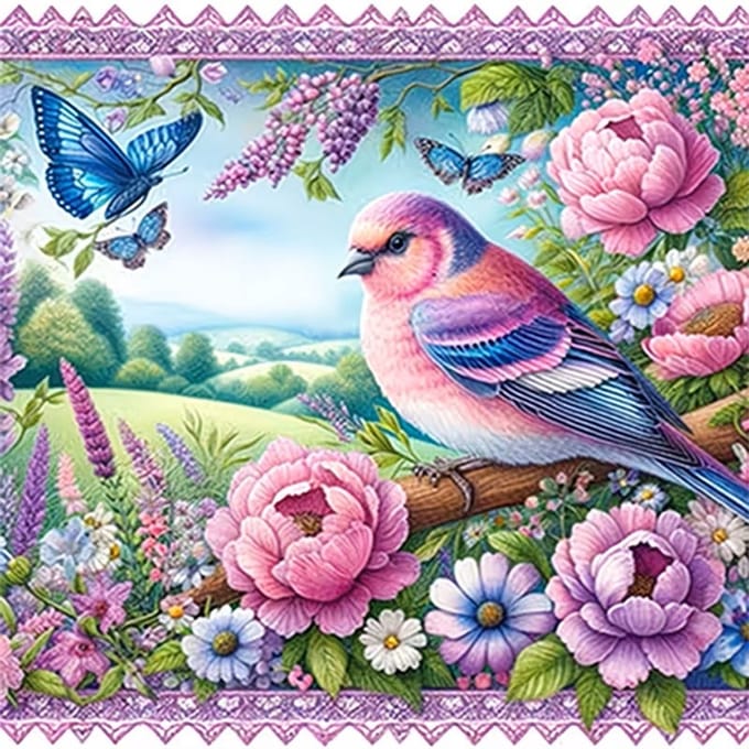 nr 575 Diamond Painting vogeltje bloemen 20x20cm (rond)