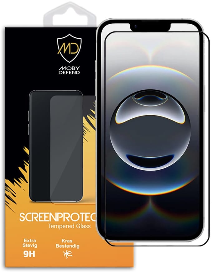 MobyDefend Screenprotector - Geschikt voor iPhone 16e - Screensaver Met Zwarte Randen - Gehard Glas