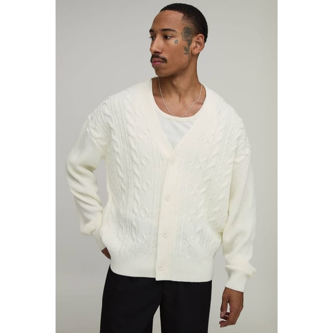 Relaxed Fit Cable Knit Knitted Cardigan | Ecru | Size Small