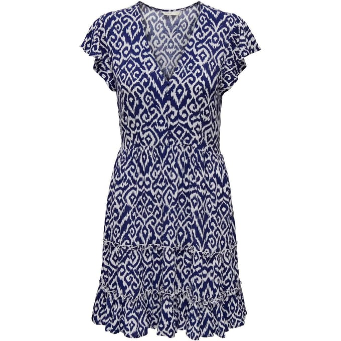 Only blauwe dames jurk   V-hals   Regular fit   Grafisch patroon   Kap mouw Blauw M