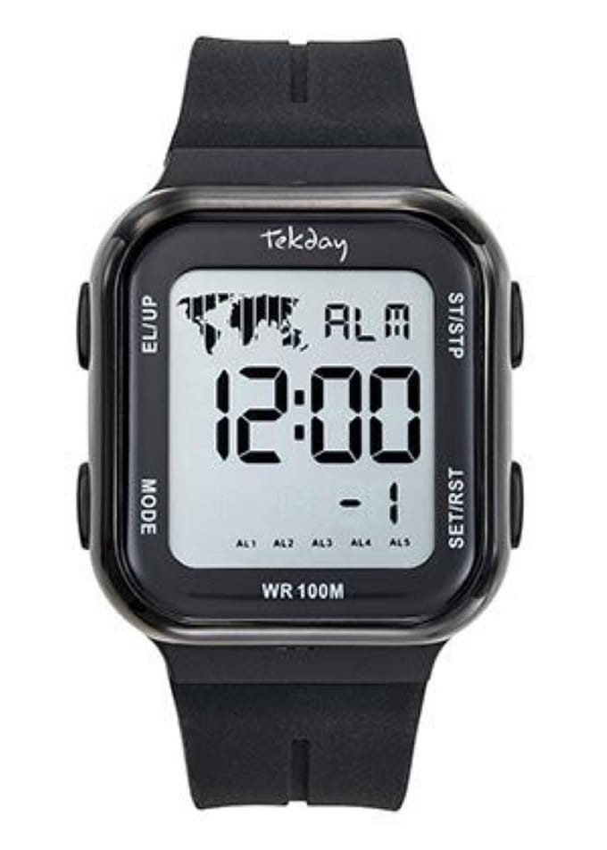 Tekday-Digitaal-Alarm-Timer-Chrono-EL-Datum-10ATM-Zwarte silicone band-46MM