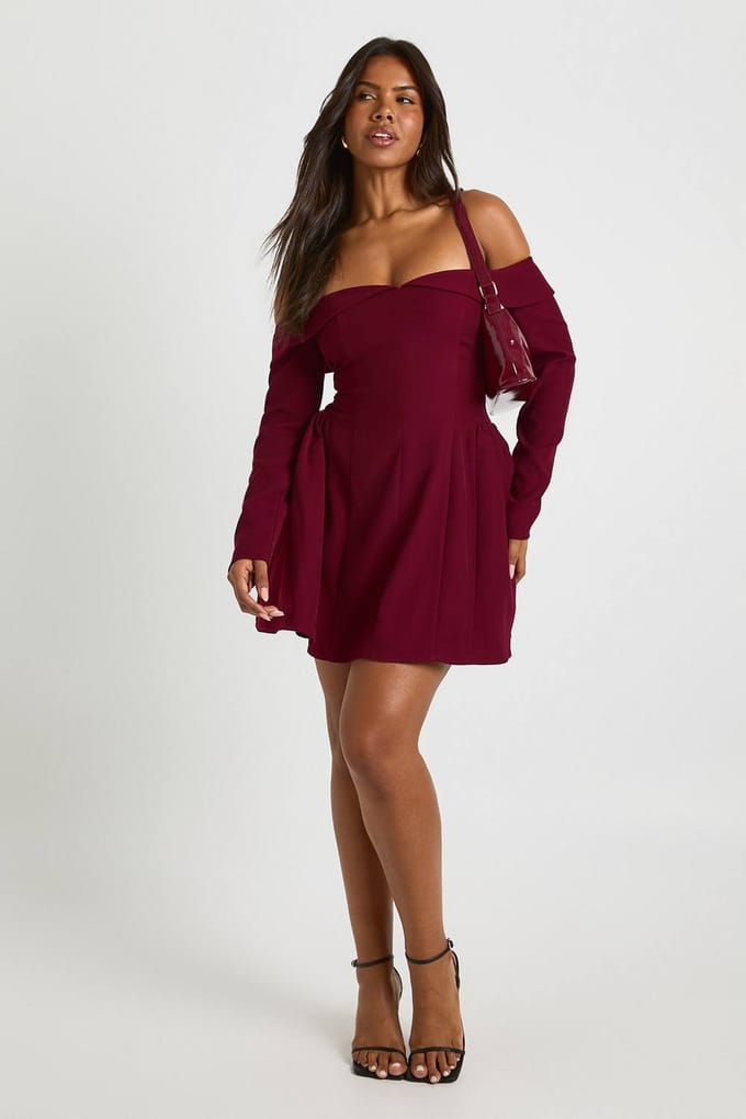boohoo Dames Lange mouwen Bardot gestructureerde skaterjurk | Plum | Maat: 10