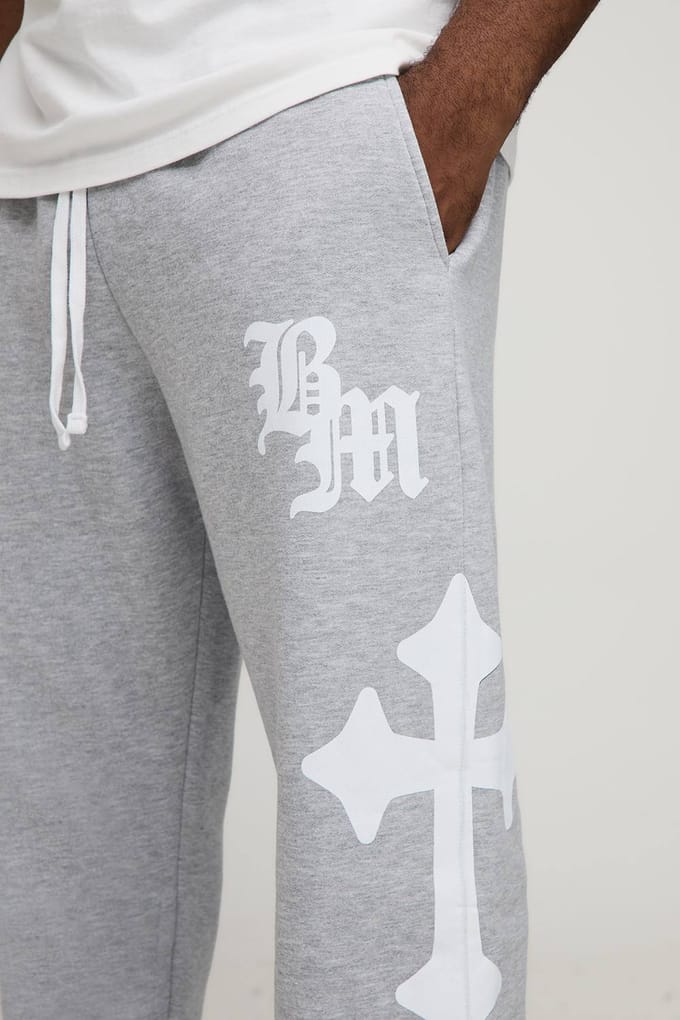 Plus Baggy Gothic BM Cross Print Joggers | Grey Marl | Size 5XL