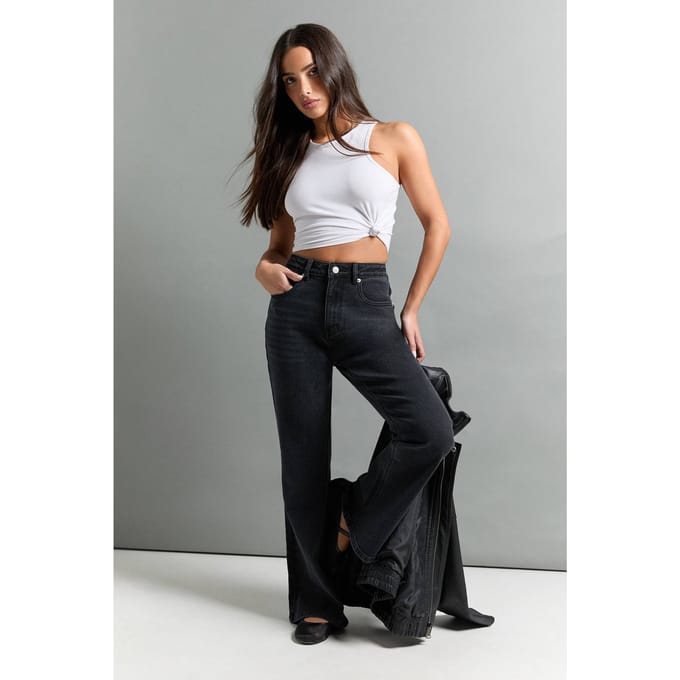 boohoo Dames De Petite High Waist Flare Jean | Washed Black | Maat: 34