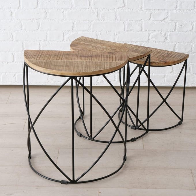 Tafel - 3 set - Smeedijzer - Mango hout- Half rond - 58-30-45cm
