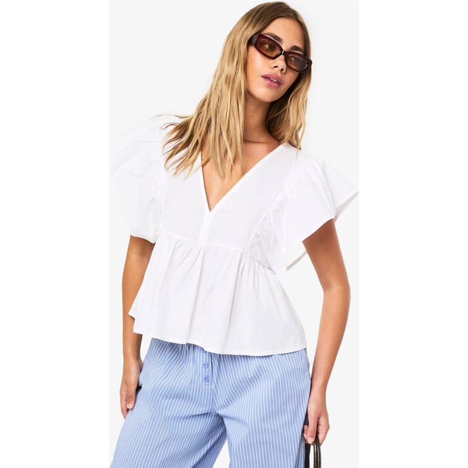 boohoo Dames Gerafelde V-hals smock top | White | Maat: 6