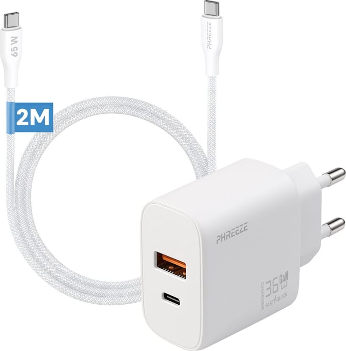 Phreeze usb C adapter 35w met usb C naar usb C kabel 2 meter - Snellader telefoon en tablet