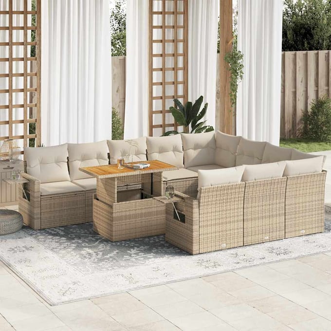 vidaXL - 11-delige - Tuinset - met - kussens - poly - rattan - beige