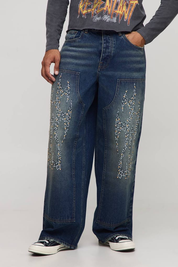 Baggy versierde tribale timmerman jeans | Antique Blue | Size 36R